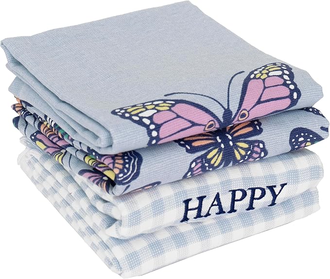 Ritz 100% Cotton Kitchen Towels, Butterfly Spring – 16"x26" – Absorbent Dish Towels for Drying & Cleaning – Soft & Durable (Set of 4)