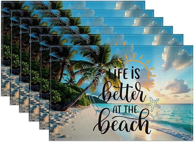 Sea Beach Palm Tree Placemats Set of 6,12x18 Inch Linen Place Mat Washable Stain Resistant Table Mats for Spring Summer Seasonal Farmhouse Kitchen Party Home Decor