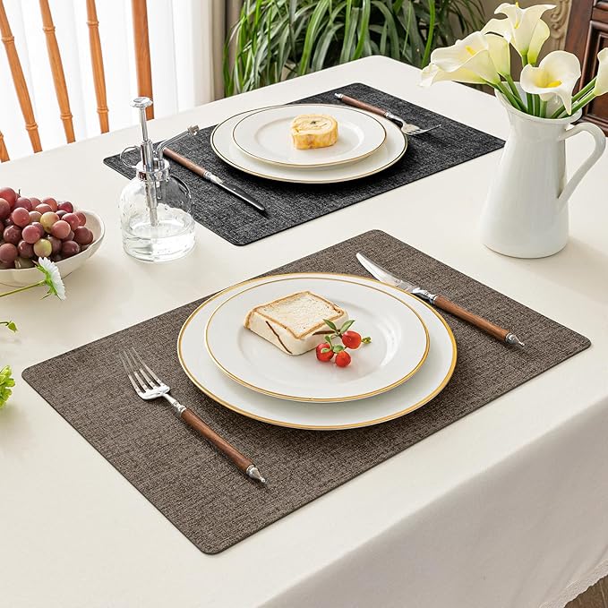 Romanstile Vinyl Placemats Set of 4-12x17 Inch, Reversible Waterproof Washable Non Slip Table Mats, Faux Leather Heat Resistant Wipeable Table Placemats for Dining/Party/Indoor/Outdoor, Grey-Brown