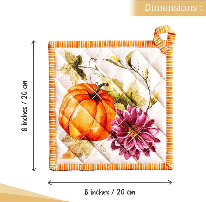Maison d' Hermine Pot Holders Set 100% Cotton Heat Resistant Potholders 8" x 8" Hot Pads with Loop for Thanksgiving Christmas Decorations Handling Hot Pans (Pack of 2, Pumpkin Garden - Cloudy Cream)