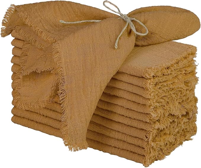 Cotton Blend Fringe Cloth Napkins - Crinkle Gauze Dinner Napkins, Reusable & Washable Table Napkins, 17" x 17" (43 x 43 cm), Multiple Colors, 12/24/48/100 Pack (12, Yellow)