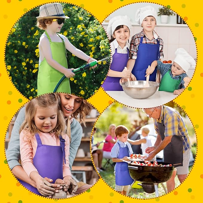 Handepo 36 Pcs 12 Colors Kids Aprons Bulk L for 7-13 Age Adjustable Children Chef Aprons with Pockets Kids Painting Apron for Cooking Baking Crafting Art Activity