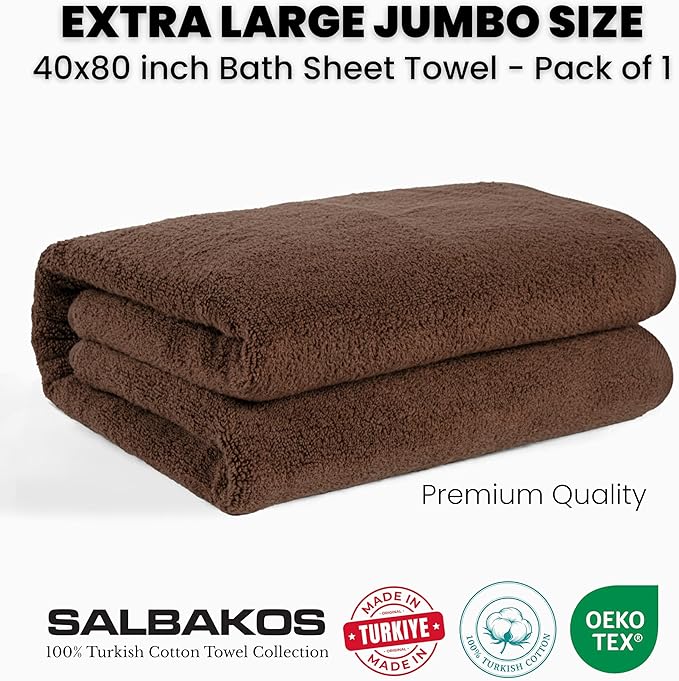 SALBAKOS Luxury 100% Turkish Cotton Bath Sheets 40x80 in Oversized Extra Large Bath Towels Thick Soft Absorbent Turkish Towel for Spa Beach (Pack of 1, Chocolate, Jumbo Bath Sheet)