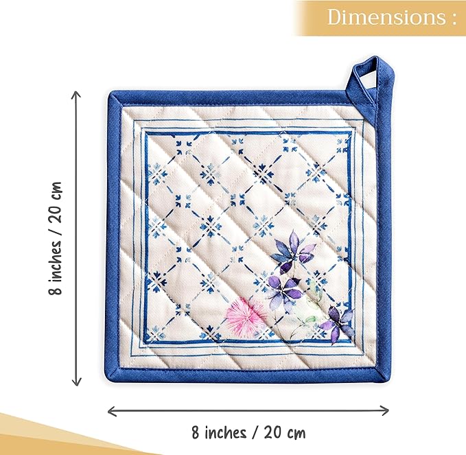 Maison d' Hermine Pot Holders 100% Cotton Heat Resistant Potholders 8" x 8" Hot Pads with Loop BBQ Cooking Baking Gifts for Mothers Day Handling Hot Pans Spring/Summer (Pack of 1, Faience)