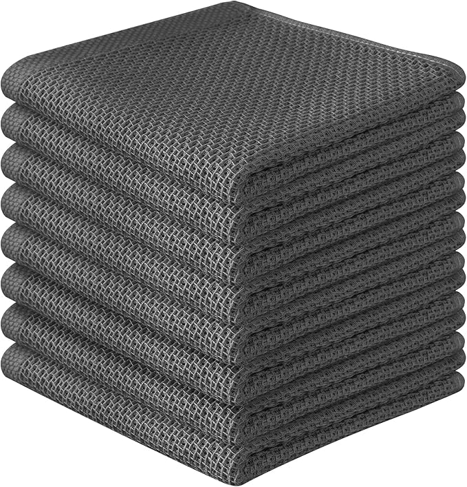 100% Cotton Waffle Weave Kitchen Towels, 8 Pack Dish Cloths for Washing Dishes, Ultra Soft Absorbent Dish Towels, Quick Drying Kitchen Rags, 12x12 Inches, Dark Grey