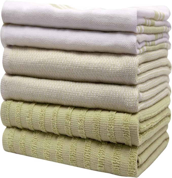 Premium Kitchen Towels (20”x 28”, 6 Pack) | Large Cotton Dish Towels | Flat & Terry Highly Absorbent Kitchen Linen Set with Hanging Loop | Wide Stripe Sage Green