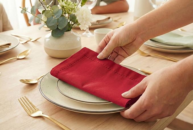 PurpleEssences Set of 12 Hemstitch Cloth Dinner Napkins 100% Cotton - Soft Durable Washable - Ideal for Wedding Spring Easter Summer - Perfect Everyday Use Table Linen 18x18 - Red