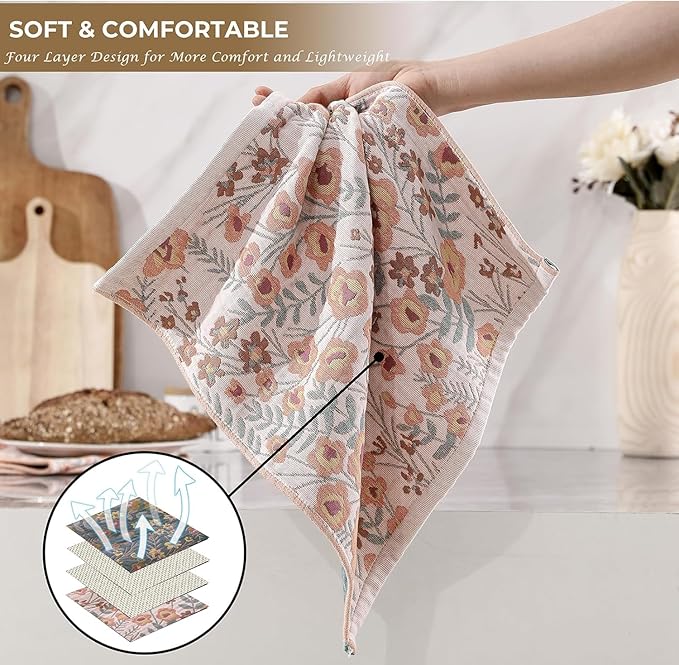 Cotton Kitchen Towels Set of 4, Quick Dry Sustainable Decorative Dish Towels for Kitchen Drying,Ultra Absorbent Reusable Cleaning Tea Towels,Pretty Hand Towels for Bathroom with Loop-Blossom