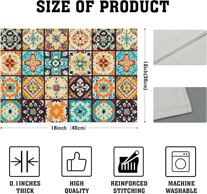Boho Floral Placemats Set of 4, Retro Flower Geometric Place Mat Bohemian Floral Cloth Tablemats Non-Slip Washable Tabletop Mat 12x18 Inch for Indoor Outdoor Dining Party Table Decor
