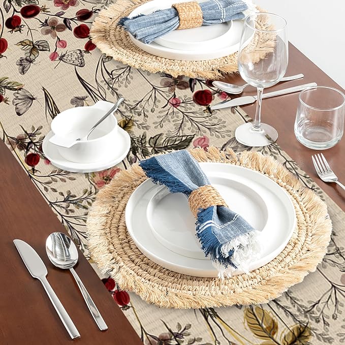 Table Runner Vintage Flower Butterfly Table Runners Summer Seasonal Kitchen Dinning Decor for Indoor Outdoor Holiday Home Wedding Party 13x70 Inch