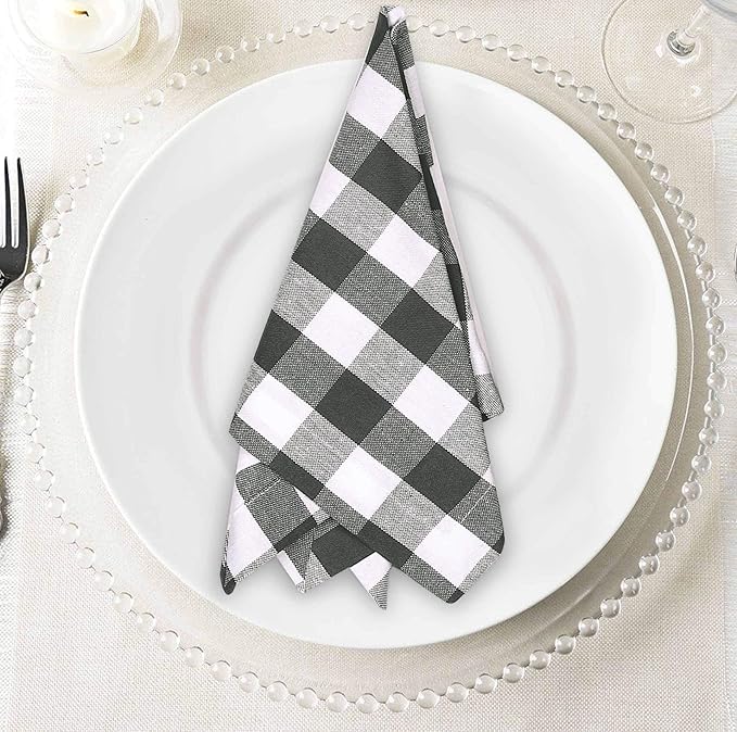Napkins 100% Cotton Set of 4 Decorative Cloth Napkin Gingham Buffalo Check Plaid Washable Dinner Napkins for Holiday, Dinner, Wedding, Baby Shower & Dining - Grey White (18”X18”)