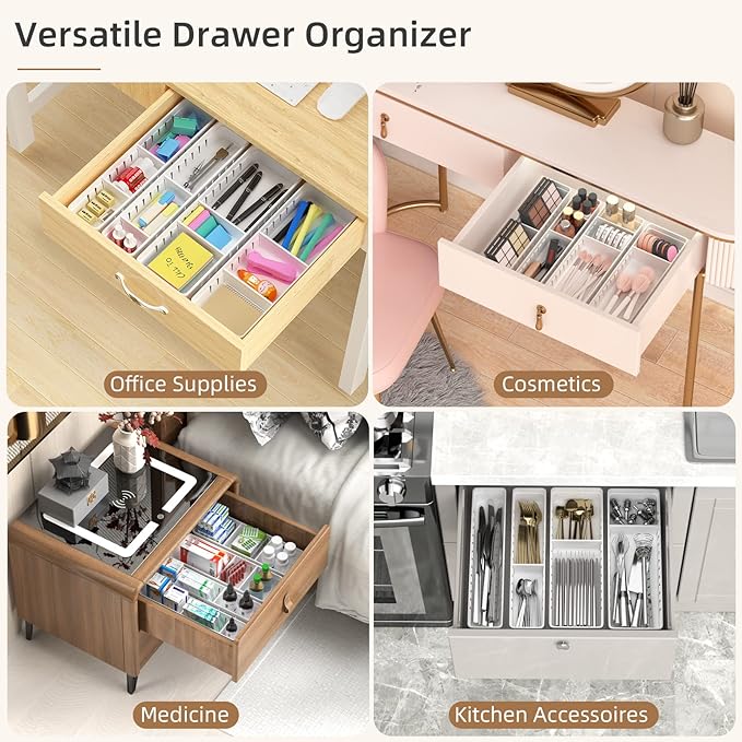 Desk Drawer Organizer Tray 4 PCS Plastic Office Drawer Organizer Bins Junk Organizer Divider with Non-Slip Silicone Pads, Makeup Vanity Organizer for Drawer, White