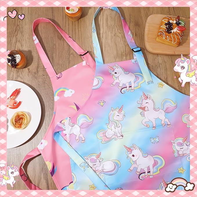 2 Pack Kids Apron, Cute Cooking Aprons, Waterproof Art Apron with Pockets, Toddler Painting Artist Apron Adjustable