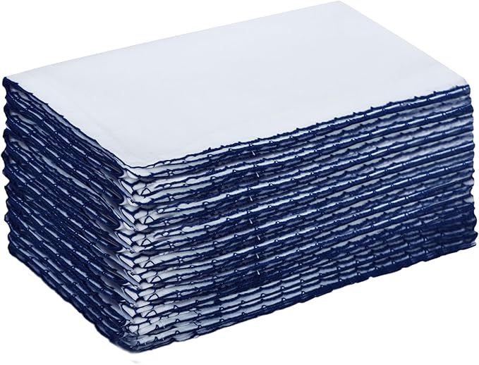 COTTON CRAFT Cloth Napkins - Set of 12 Soft Cotton 17x17 Inch White Dinner Napkins with Blue Border Trim – Absorbent Reusable Fabric Serviettes for Table Settings, Parties, Everyday Use
