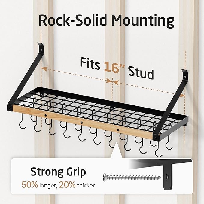 KES Pot Rack Wall Mounted 34 Inch, Pot and Pan Hanging Rack with 20 Sturdy Hooks, Solid Wood Pot and Pan Hanger Organizer, Matte Black, KUR529S85A-BK