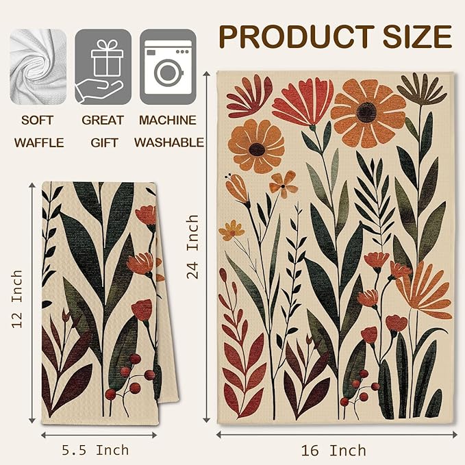 Vintage Boho Floral Kitchen Towels, Abstract Wildflower Botanical Dish Towels Drying Cloth for Kitchen, Mid Century Modern Boho Hand Towels for Bathroom, 16x24 Inch Set of 2