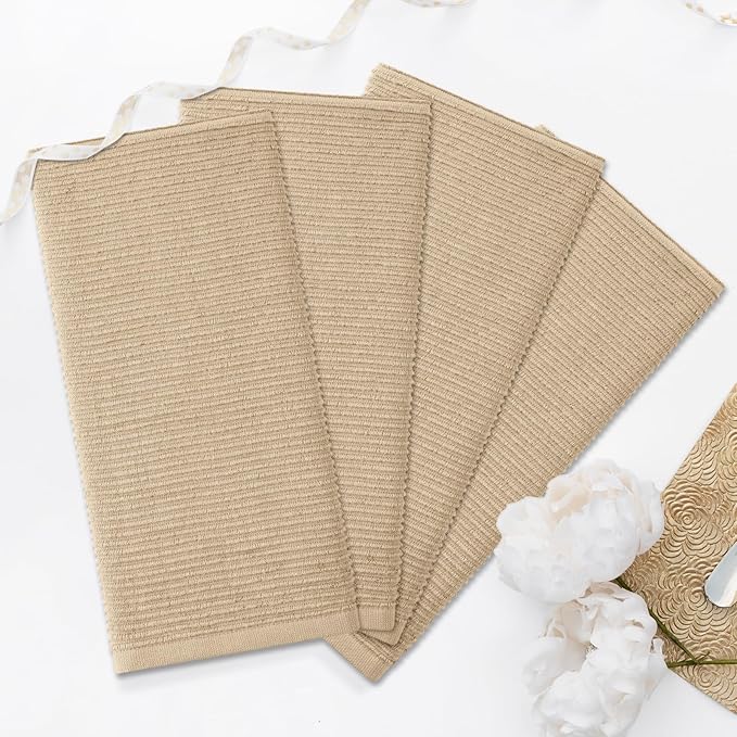 Homaxy Premium Kitchen Towels (18"x 28", 8 Pack), Large 100% Cotton Kitchen Hand Towels, Ultra Absorbent Ribbed Terry Tea Towels Set with Hanging Loop, Khaki