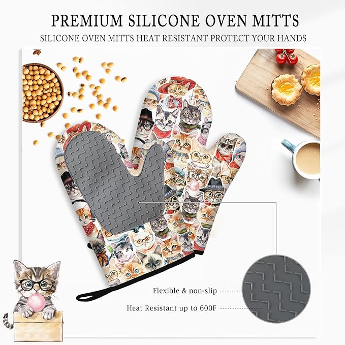 Cute Cat Oven Mitts and Pot Holders Sets 3PCS, Cat Silicone Heat Resistant Oven Mitts Birthday for Cats Lover, Funny Cats Heat Resistant Non-Slip Oven Gloves for Mom Wife Sister BFF