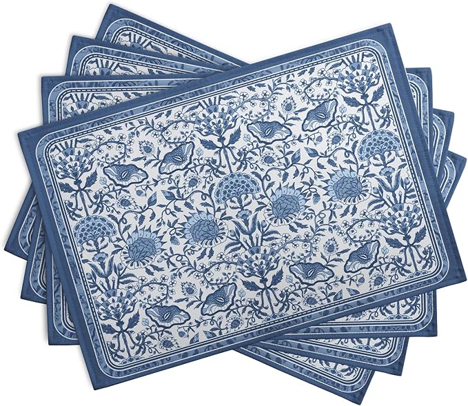 Blue Floral Boho Placemats Set of 4, 12x18 Inch Vintage Chinoiserie Block Print Place Mats Seasonal Spring Summer Rustic Farmhouse Table Mats for Party Kitchen Dining Outdoor Indoor Decor