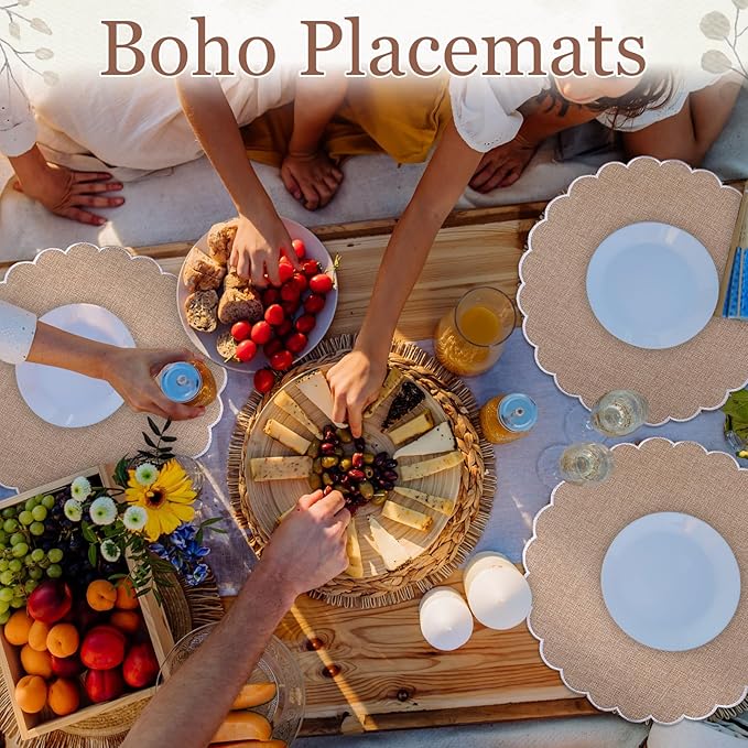 Set of 6 Round Placemats 15 Inch Cotton Scalloped Embroidery Placemat Washable Double Layered Rustic Dinner Table Mat Decor Fabric for Hotel Restaurant Kitchen(Flaxen/White,Classic)