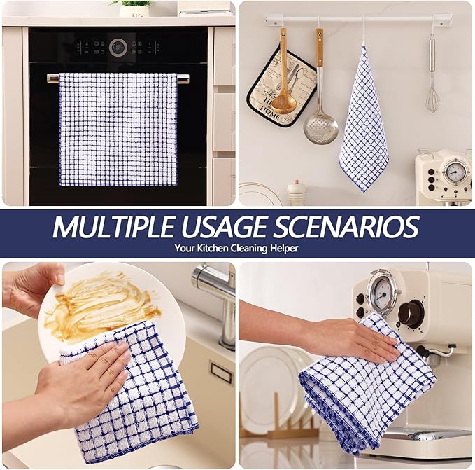 Homaxy Kitchen Towels and Dishcloths Set, 16 x 25 and 12 x 12 Inches, Set of 12 Cotton Terry Kitchen Dish Towels, Super Soft and Absorbent Dish Cloths, Blue