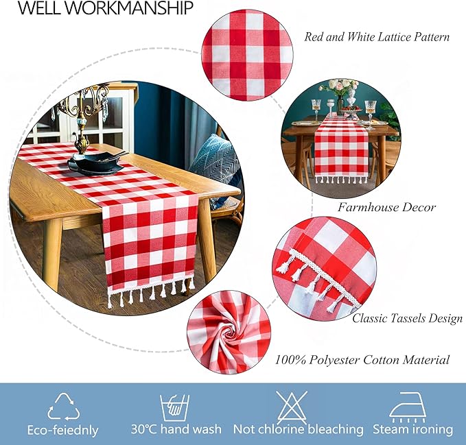 DUOBAO Buffalo Plaid Table Runner 14x108-Inches Red and White Checkered Tables Runners with Tassel Christmas Decoration Gingham Rustic Farmhouse Tablecloth Decor