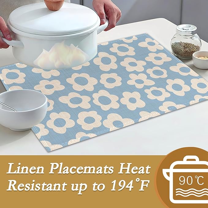 Vintage Groovy Flowers Placemats Set of 6, 12x18 Inch Waterproof Stain Resistant Linen Table Placemats Summer Seasonal Farmhouse Kitchen Party Decor Home Decor