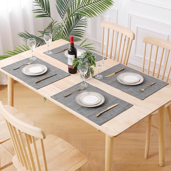 homing Cotton Linen Placemats Set of 8, Cloth Washable Farmhouse Dining Table Mats for Indoors & Outdoors, Easy to Clean, Dark Grey, 13 x 19 Inch
