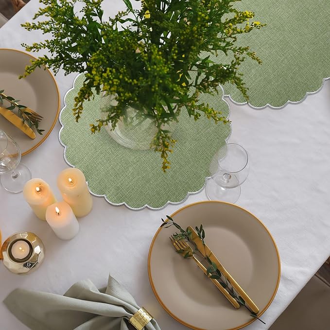 Set of 6 Round Placemats 15 Inch Cotton Scalloped Embroidery Placemat Washable Double Layered Rustic Dinner Table Mat Decor Fabric for Hotel Restaurant Kitchen(Green/White,Classic)