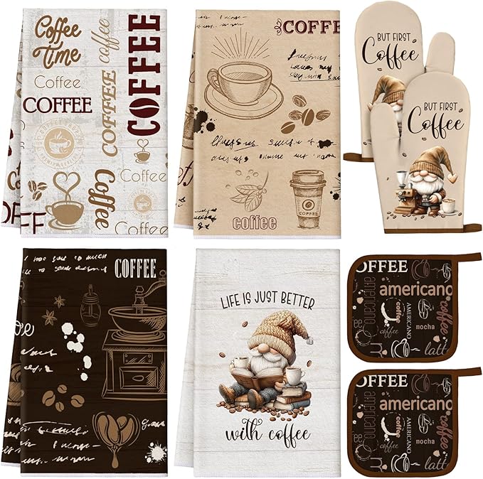 Fourluoo 8 Pcs Farmhouse Kitchen Decor and Accessories Set 4 Kitchen Dish Towels 2 Oven Mitt 2 Pot Holders for Christmas Cooking Baking Daughter Mom Gift Decor (Brown,Gnome)