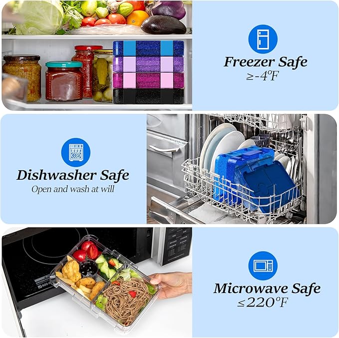 Bento Lunch Box for Kids, Plastic Lunch Box Case, 5/6 Tritan Compartments, BPA free, deal Portion Sizes for On-the-Go Meal, Shiny Blue and Clear