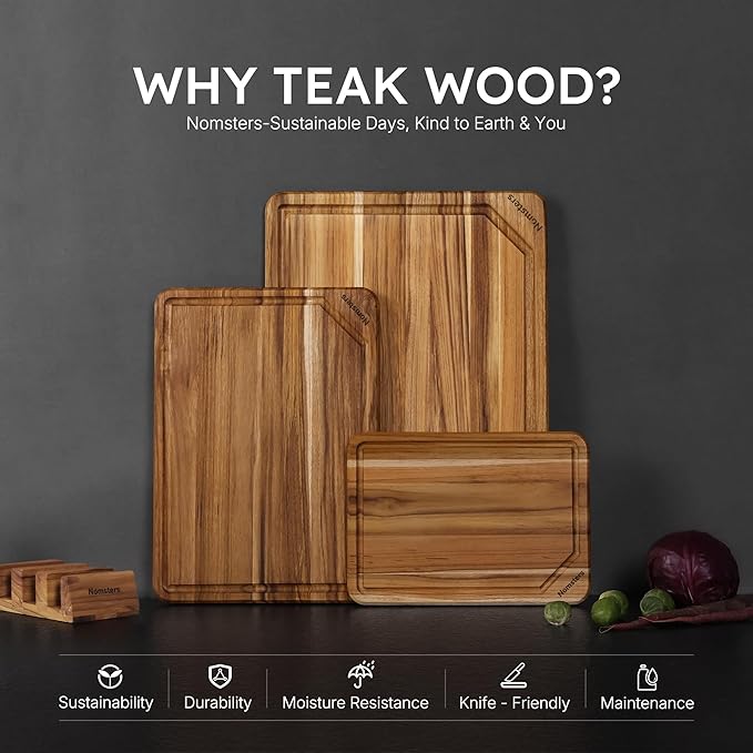3 Pack Teak Wood Cutting Board Set for Kitchen Charcuterie Board Serving Heavy Duty Non Toxic Slip Hardwood Over Sink Solid Thick Haus Wooden Chopping Board Large Big Small Meat Best Essential Gift