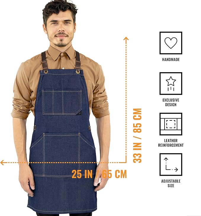 Under NY Sky Essential Blue Denim Apron – Cross-Back with Leather Reinforcement – Adjustable for Men and Women – Pro Chef, Tattoo Artist, Baker, Barista, Bartender, Server Aprons