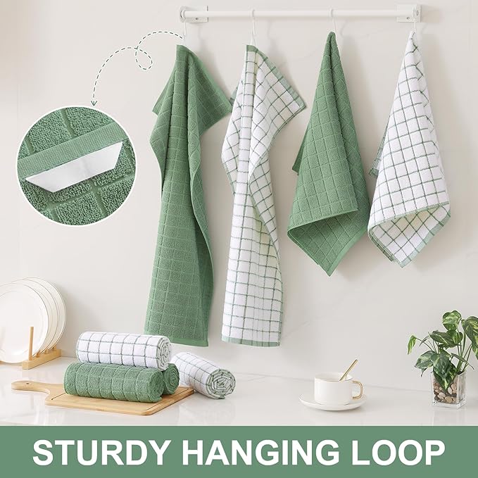 Homaxy Premium Cotton Kitchen Towels 16"x 28", Large Natural Ring Spun 390 GSM Dish Towels, Super Absorbent Terry Kitchen Hand Towels, Soft Tea Towels with Hanging Loop, Grass Green Check, 8 Pack