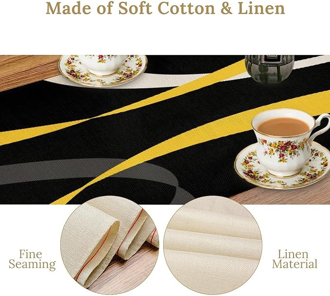 Abstract Yellow Geometric Table Runner Grey and White Striped Black Background Modern Kitchen Dinner Runner for Indoor Home Living Room Party Dining Table Decoration 13"x72"
