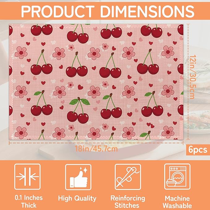 Cherry Placemats Set of 6,Pink Flowers Washable Kitchen Dining Linen Table Mats for Home Party Dinner Indoor Outdoor 12x18Inch