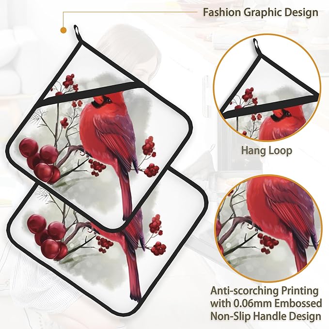 Christmas Cardinal Bird Pot Holder Set of 2,Heat Resistant Potholders Oven Hot Pads for Kitchen Cooking Baking BBQ