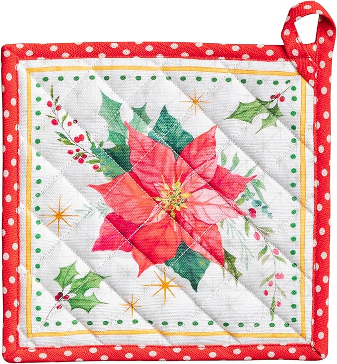 Maison d' Hermine Pot Holders 100% Cotton Heat Resistant Potholders 8" x 8" Hot Pads with Loop for Thanksgiving Christmas Decorations BBQ Cooking Handling Hot Pans (Pack of 1, Poinsettia Christmas)