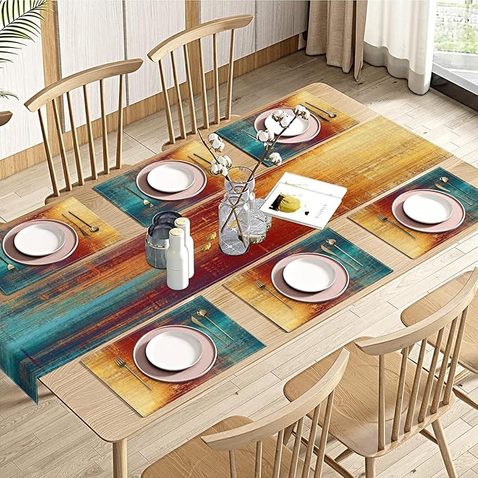 Emvency Blue Orange Table Runner and Placemats Set of 6, Vintage Abstract Messy Rust Painting Art Dining Decor for Daily Use(1 Table Runner 72 inches Long and 6 Placemats)