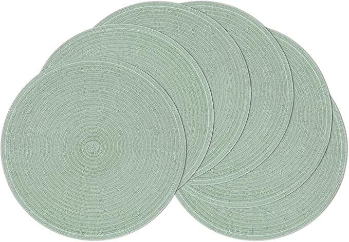 SHACOS Round Placemats Set of 6 Washable 15 inch Cotton Polyester Table Mats Woven Braided Place Mats for Dining Table, Sage Green