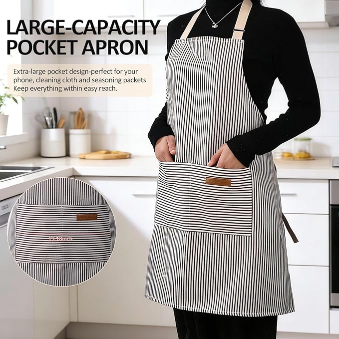 2 Pack Kitchen Aprons, Apron for Cooking with 2 Pockets, Unisex Adjustable Neck Strap Chef Aprons for Men Women Durable Striped Apron Set for Kitchen, Baking, Grilling and Daily Use