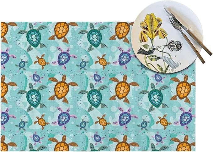 Cute Sea Turtle Placemats Set of 4, Washable Non-Slip Heat-Resistant Ocean Themed Decorative Kitchen Table Mats for Dining Outdoor Party Home Decor 12"x18" Teal Nautical Linen Place Mats