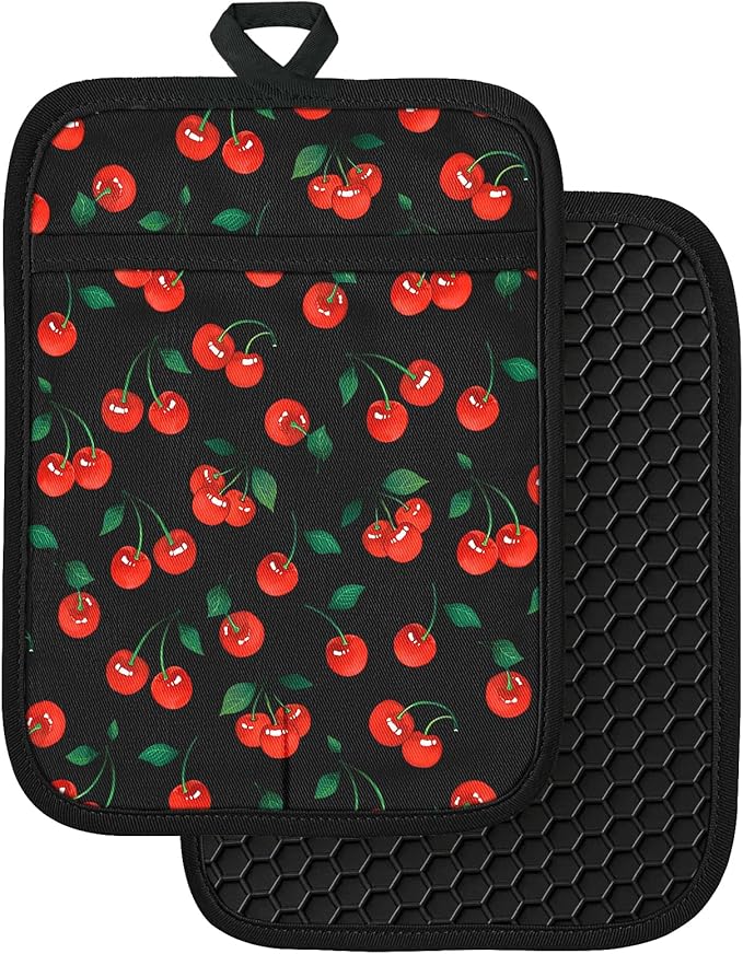 Slohif Silcone Cherry Pot Holders for Kitchen - 100% Cotton Black Cute Oven Potholders with Pockets, Heat Resistant Square Thick Hot Pads, House New Home Baking Baker Gifts,2pack