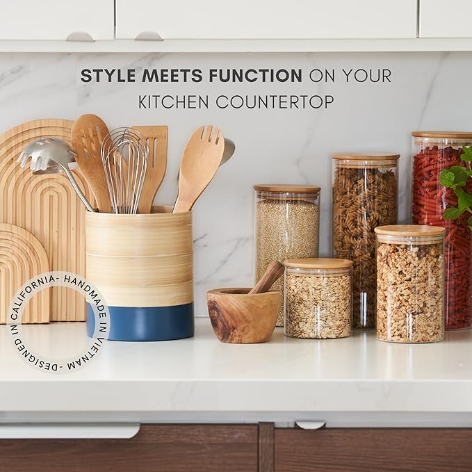 Handcrafted Bamboo Kitchen Utensil Organizer, Modern Countertop Cooking Utensil Holder, Large Crock