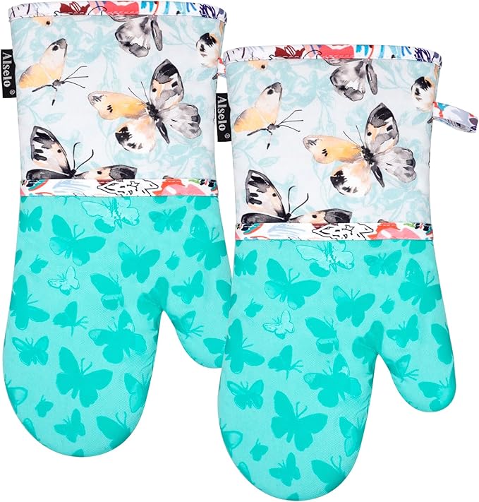 Alselo Oven Mitts, Heat Resistant with Soft Quilted Cotton Lining Set of 2, Fashion Design with Silicone Printing Anti-Slip Kitchen Gloves, Safe Backing Cooking Barbecue (Turquoise, Butterfly)