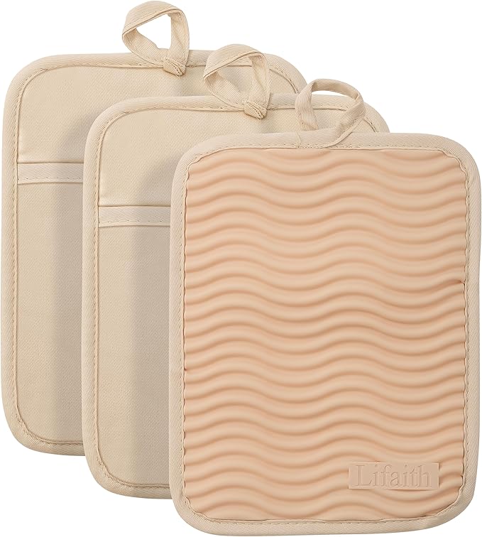 Silicone Pot Holders for Kitchen, Set of 3, Heat Resistant to 500°F, Non-Slip Wave Texture with Pocket & Hanging Loop, 7" x 9" Hot Pads for Cooking, Baking & Counter Protection (Milkshake Tan)