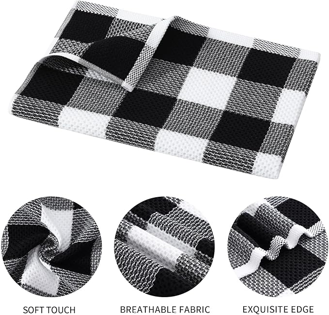 Mordimy 100% Cotton Waffle Weave Kitchen Towels, 20 x 28 Inches, Super Soft and Absorbent Buffalo Check Large Dish Towels for Drying Dishes, 4-Pack, Black & White