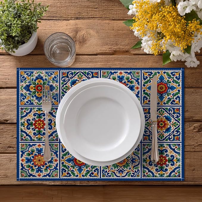 HOMETITUTE Placemats Set of 4 Linen 12x18 Inch Washable Table Mats Mediterranean Style Place Mats Decorative Placemats Set Colorful Farmhouse Kitchen Dining Table Decor