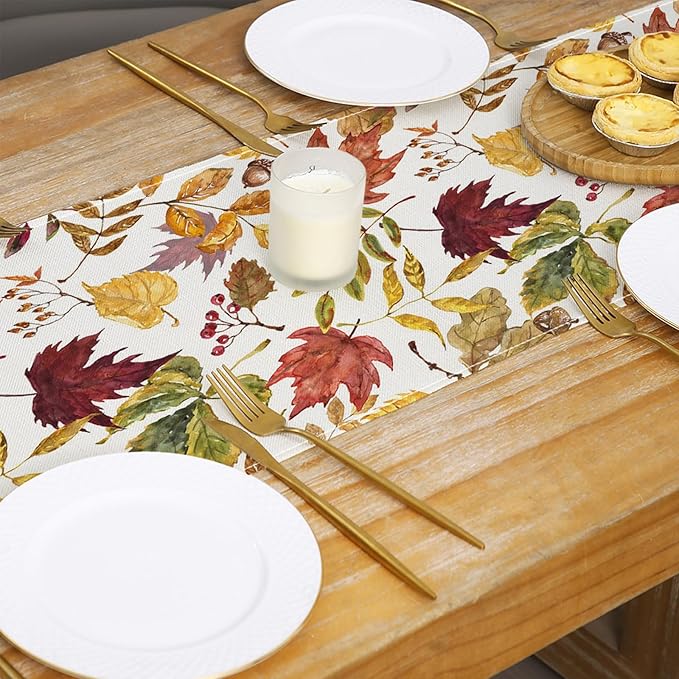 ONFAON Fall Decorations for Home,Fall Maple Leaves Table Runner, Thanksgiving Watercolor Plant Yellow Leafs Home Kitchen Decor,Outdoor Home Party Table Decoration 13x72 Inch ZQZX03