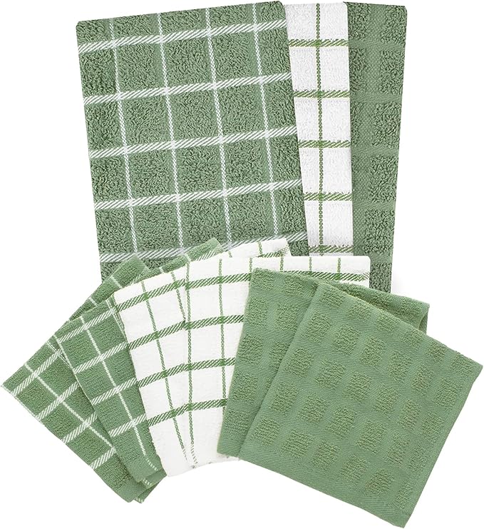 Ritz Premium 3-Pack Kitchen Towel & 6-Pack Dish Cloth Set - Highly Absorbent, Super Soft, Long-Lasting, 100% Cotton Terry Drying Cleaning Cloths, Juniper